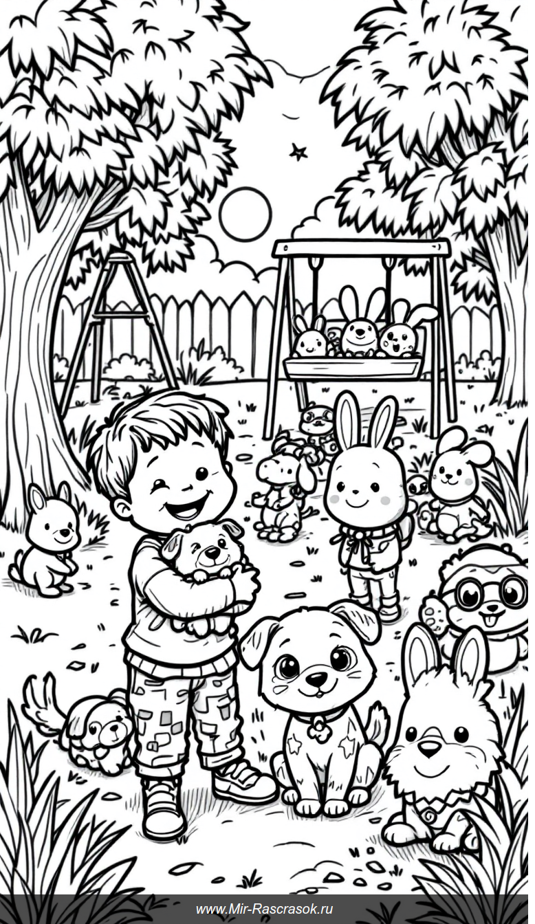 Веселая детская площадка с питомцами для раскрашивания