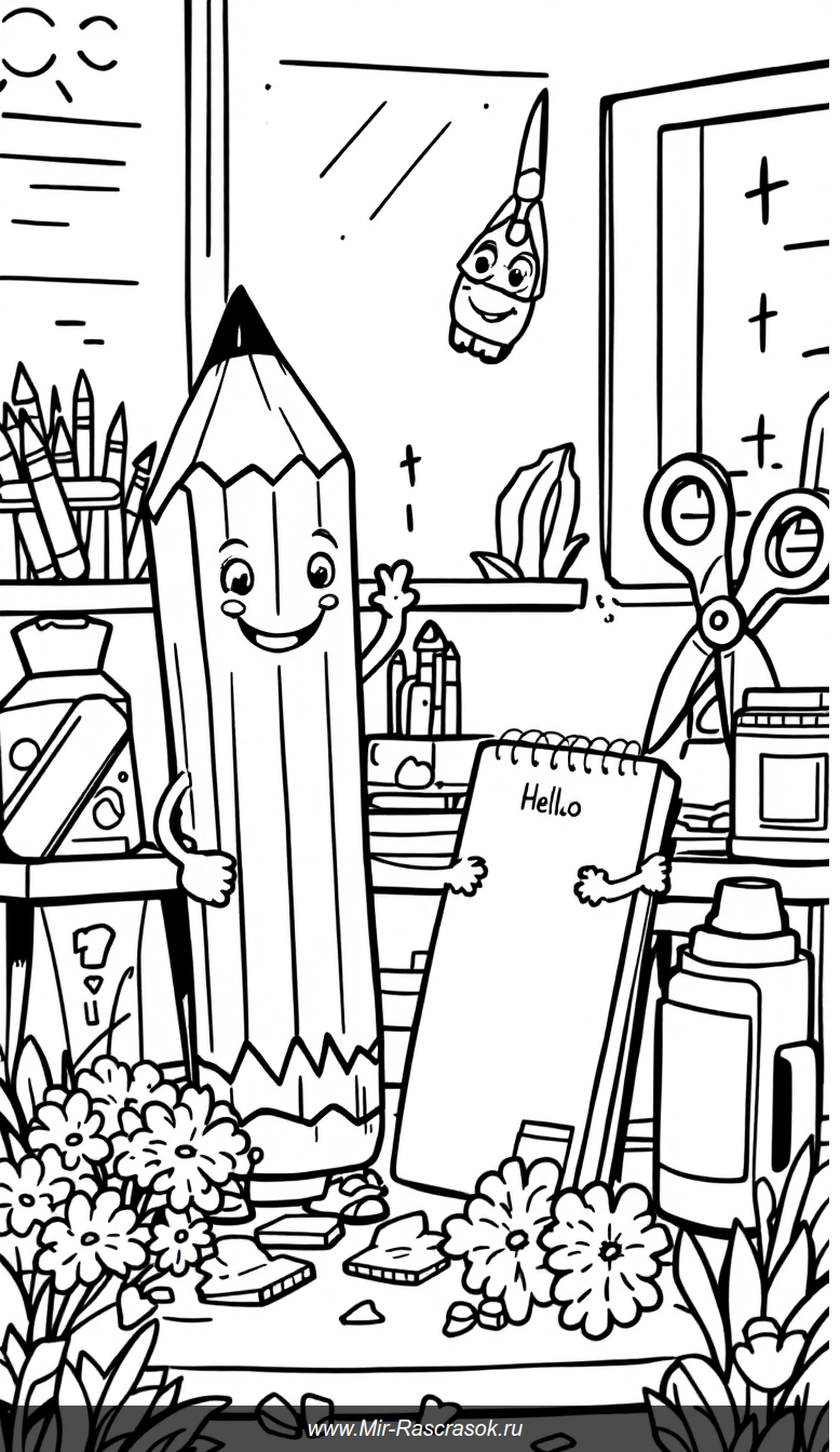 Весёлая раскраска школьных принадлежностей для творческих детей