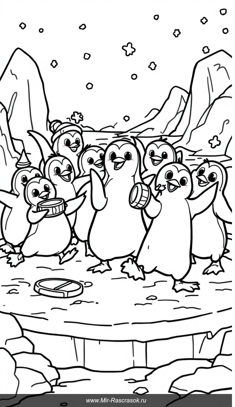 Весёлые пингвины танцуют на ледяной сцене раскраска для детей