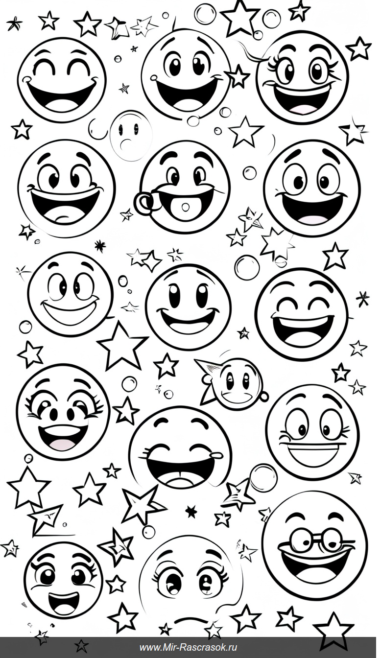 Раскраска с забавными смайликами и яркими звездами для весёлого настроения