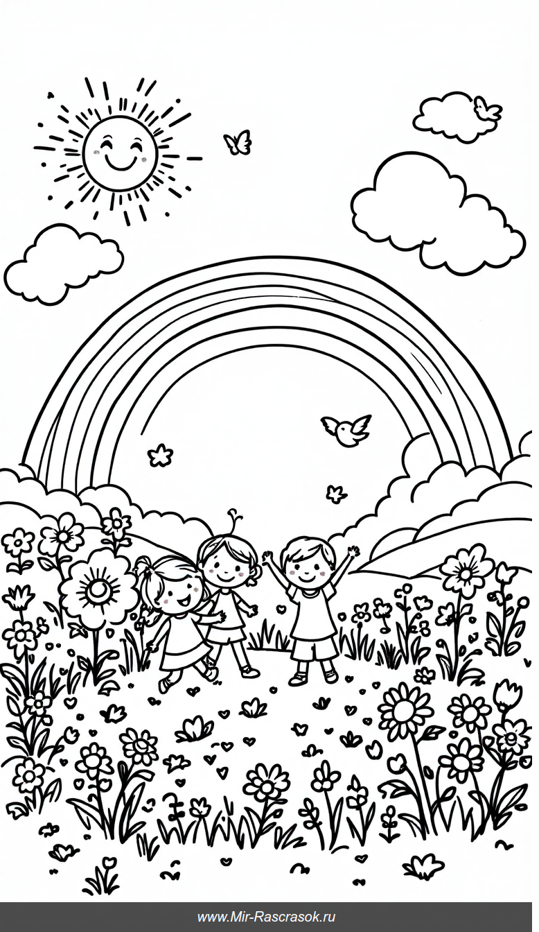 Радужная раскраска с детьми счастьем и играми в поле