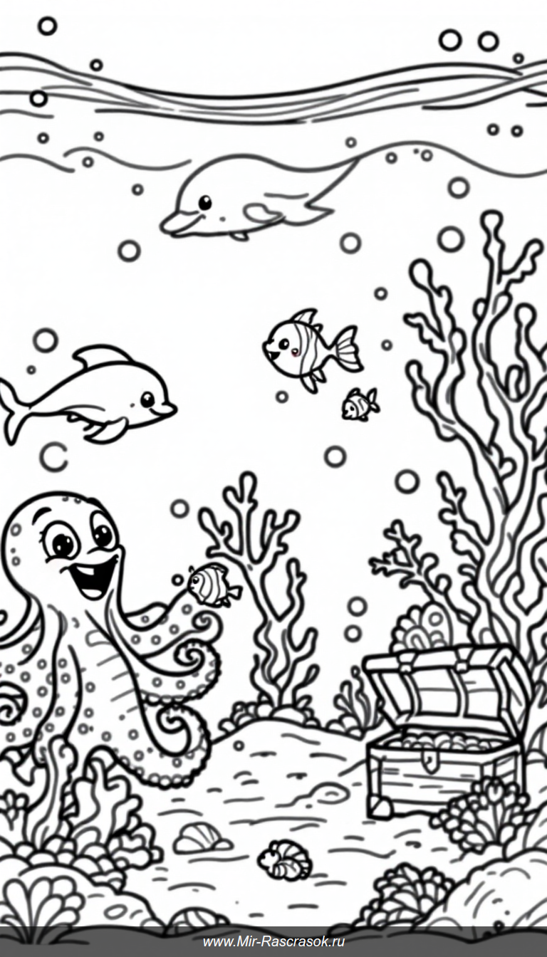 Погрузитесь в увлекательный подводный мир с нашей раскраской для детей 🐬🌊 веселые морские обитатели и простые детали помогут развить фантазию и творческие способности малыша 🎨🦀
