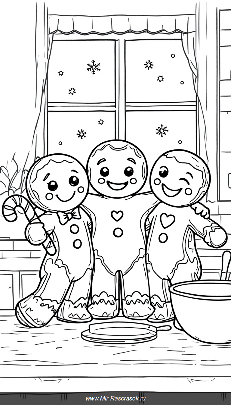 Радостные пряничные друзья на уютной кухне для детской раскраски