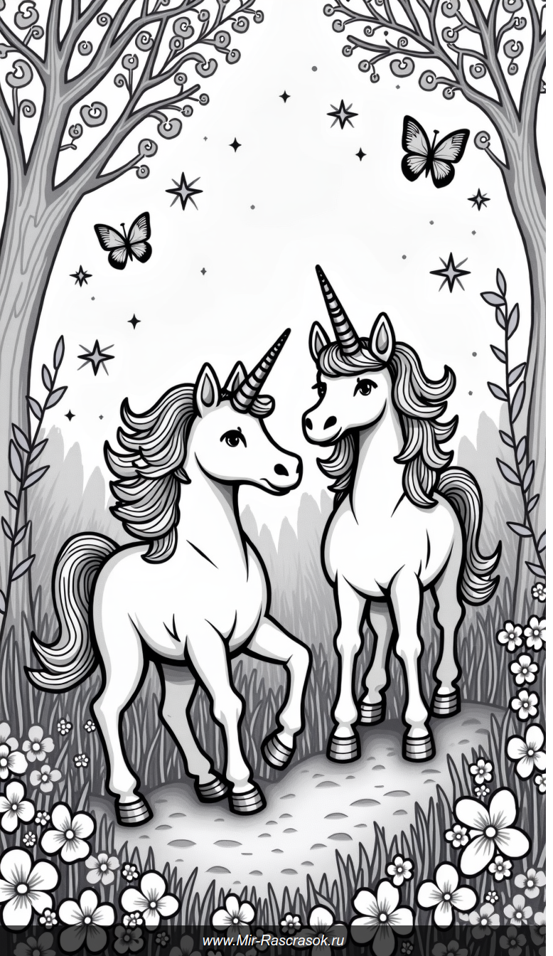 Волшебные единороги в заколдованном лесу раскраска для творчества