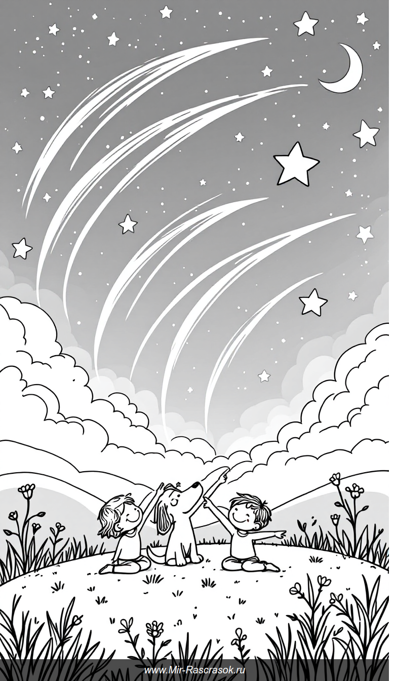 Волшебная ночь с падающими звездами для раскрашивания детям