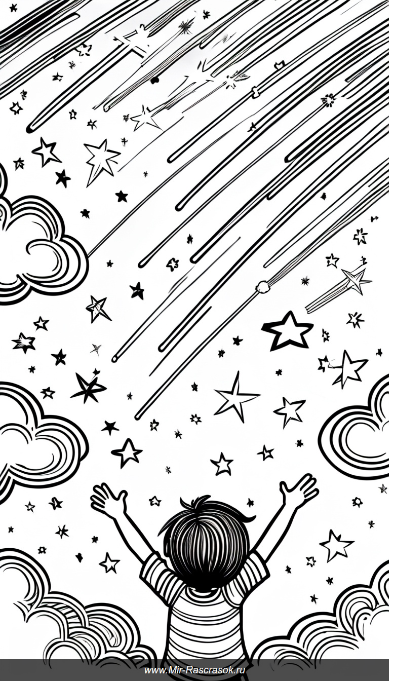 Волшебная ночь: ребенок наслаждается падающими звездами в раскраске