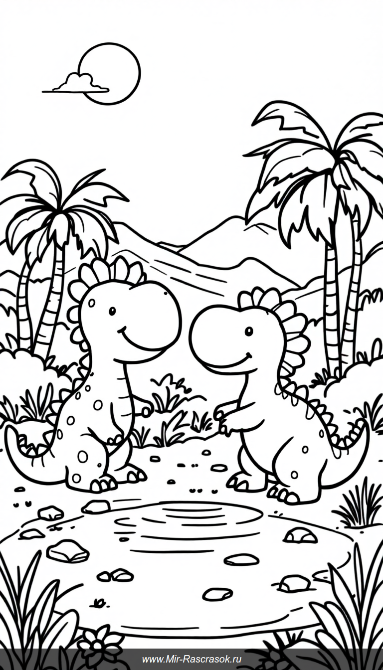 Веселые маленькие динозавры играют на солнечной доисторической поляне для раскраски