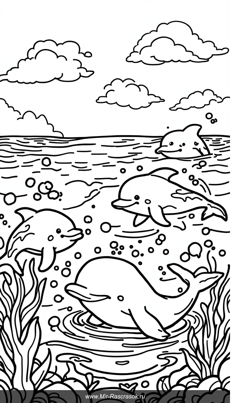Радостные дельфины и добрая кит в весёлом морском раскраске для детей
