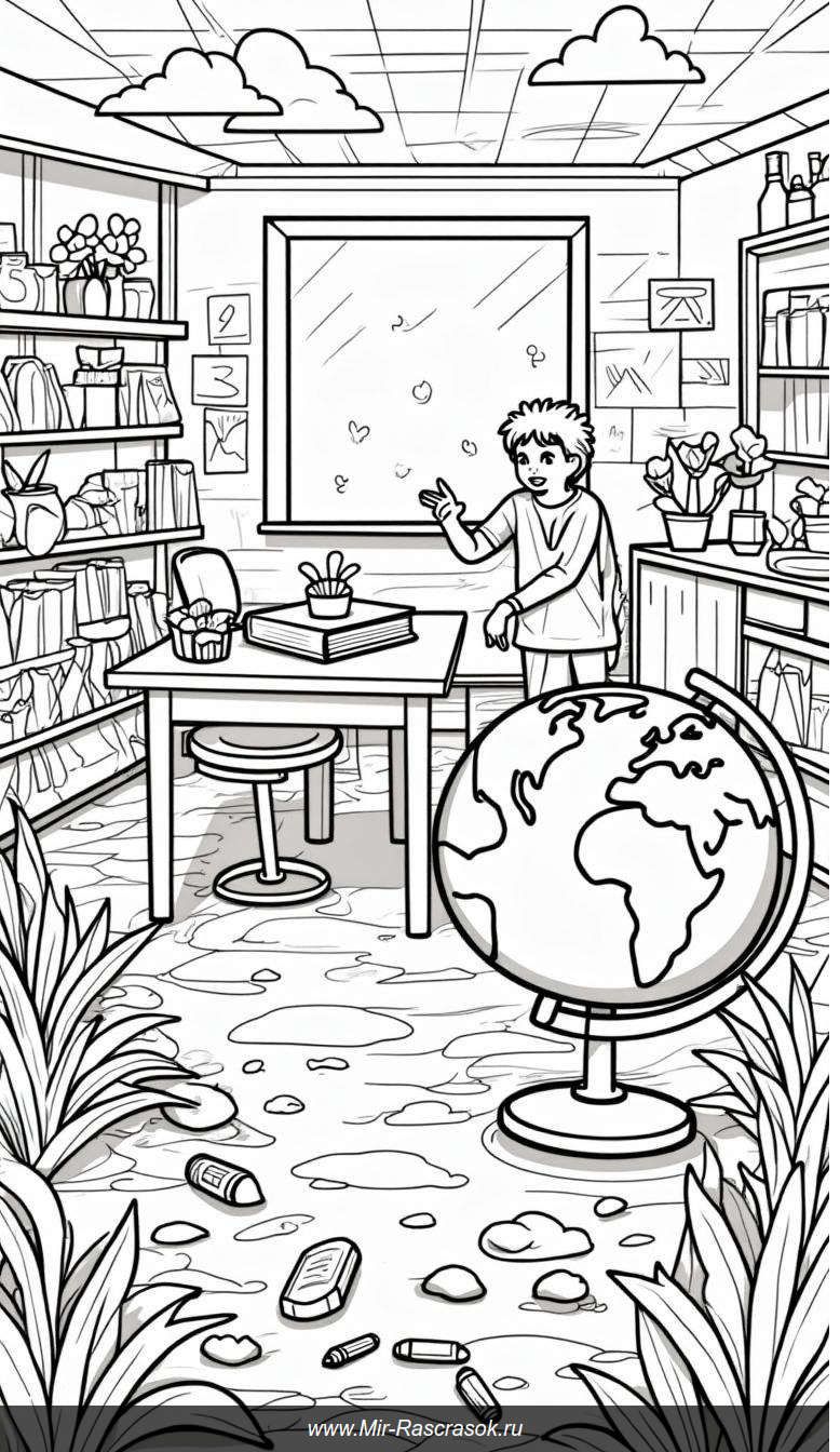 Раскраски: Волшебный класс с гигантскими принадлежностями и веселыми деталями