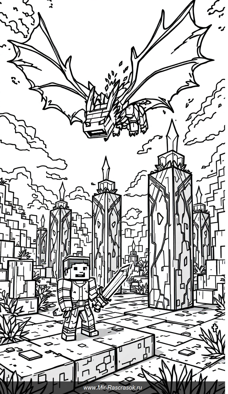 Раскраска с битвой в Minecraft против Дракона Эндера для малышей