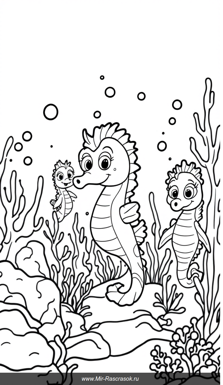 Раскраска с милыми морскими коньками и кораллами для детей