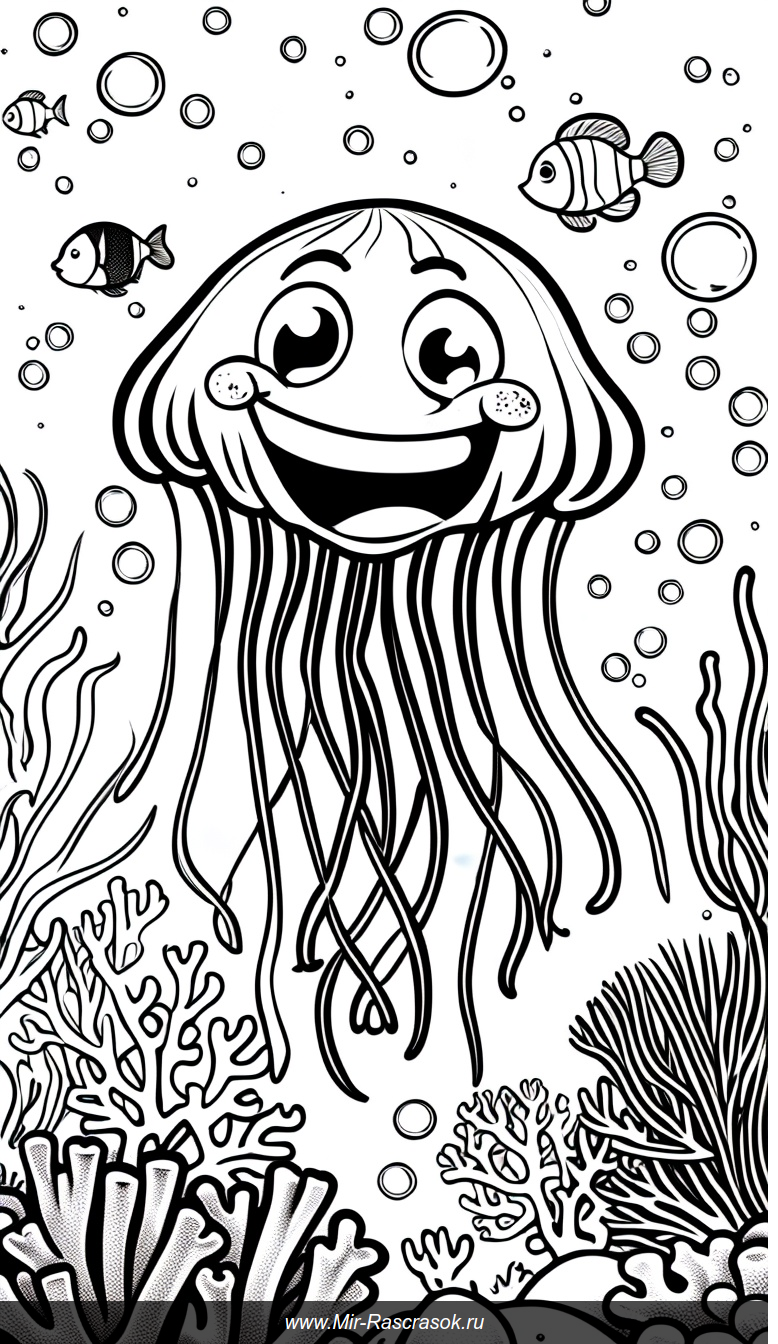 Веселая медуза для раскраски с морскими обитателями