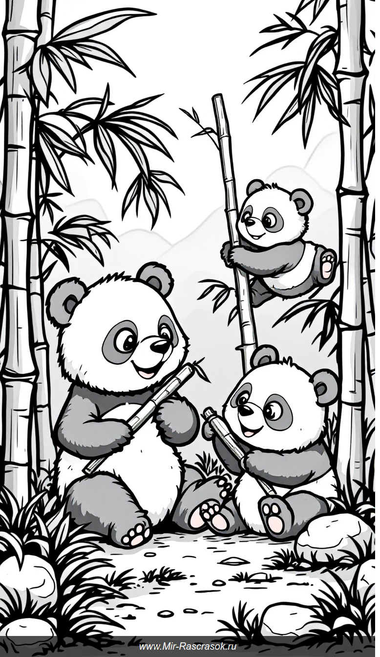 Три забавных панды в бамбуковом лесу раскраска для детей