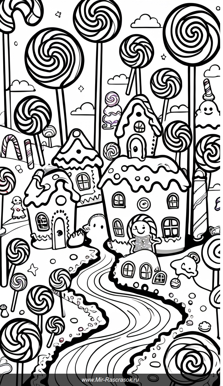 Волшебная страна сладостей для раскрашивания с леденцами и пряничными домиками