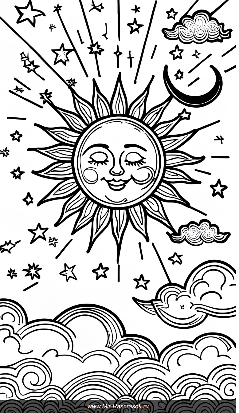 Раскраска с солнцем улыбкой луной и игривыми облаками в волшебном небе
