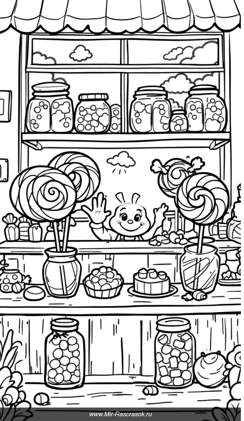Веселый магазин сладостей Раскраска для детей с яркими лакомствами
