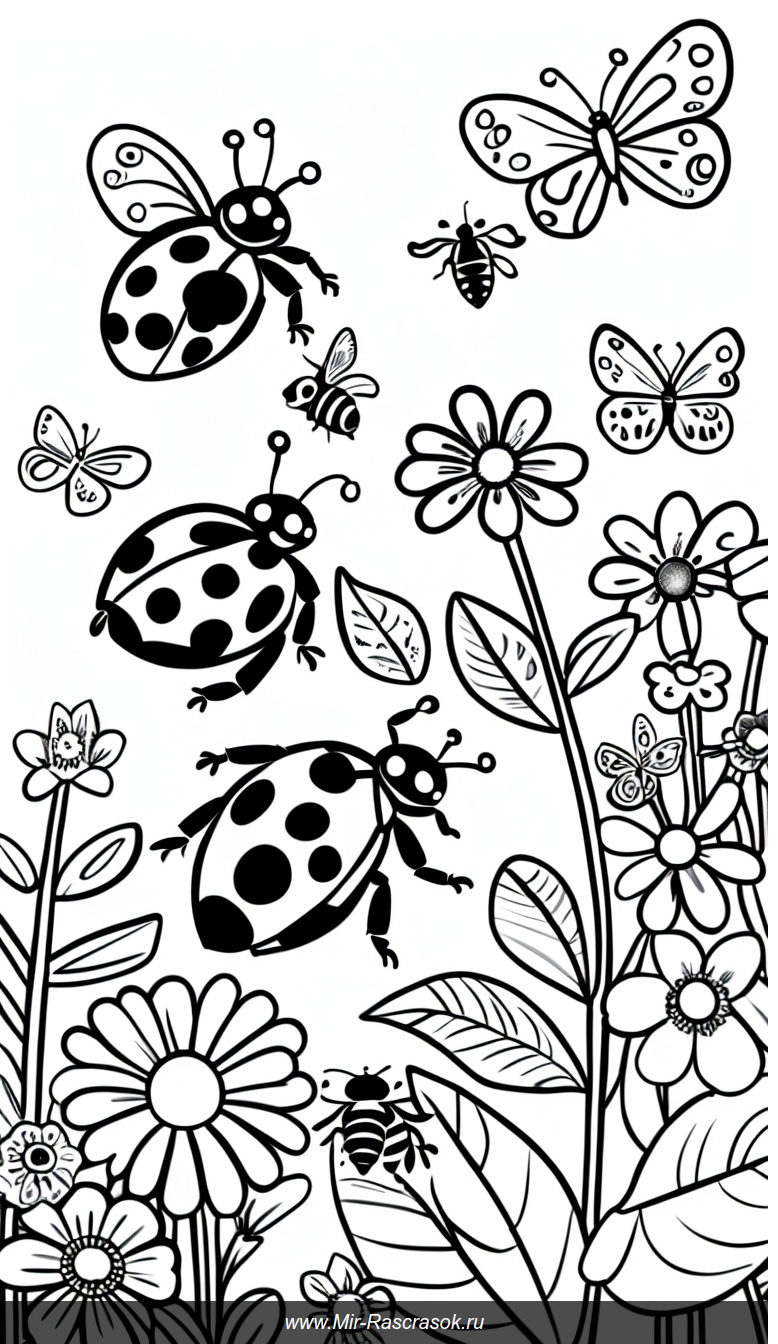 Раскраска с божьими коровками и друзьями в саду для творчества