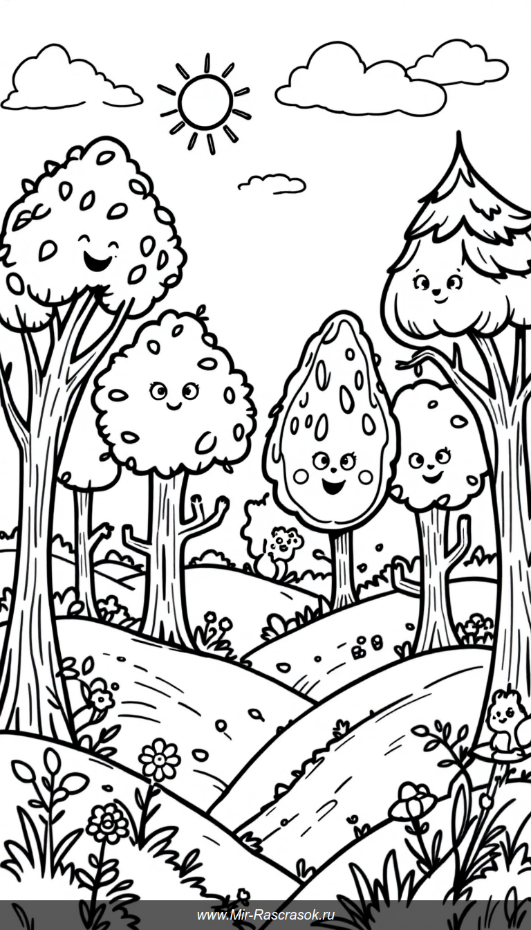 Погрузитесь в волшебный мир дружелюбных деревьев 🌳 где каждый лист и улыбка оживают в вашей раскраске 🎨 Простые и веселые картинки вдохновят детей на творчество и порадуют малышей своим позитивом ☀️ Идеально для развития воображения и моторики малышей 🌿🌸