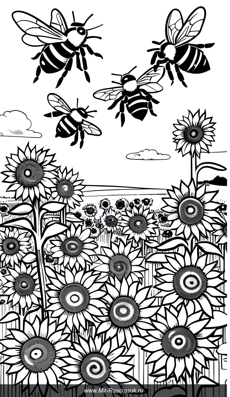 Раскраска Летнее поле с высокими подсолнухами и летящими пчелами