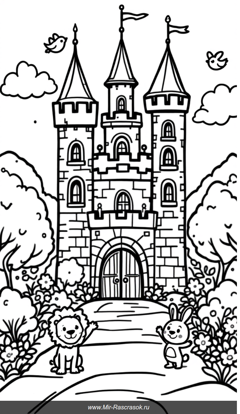 Счастливый замок для детей раскраска с добрыми животными и птицами
