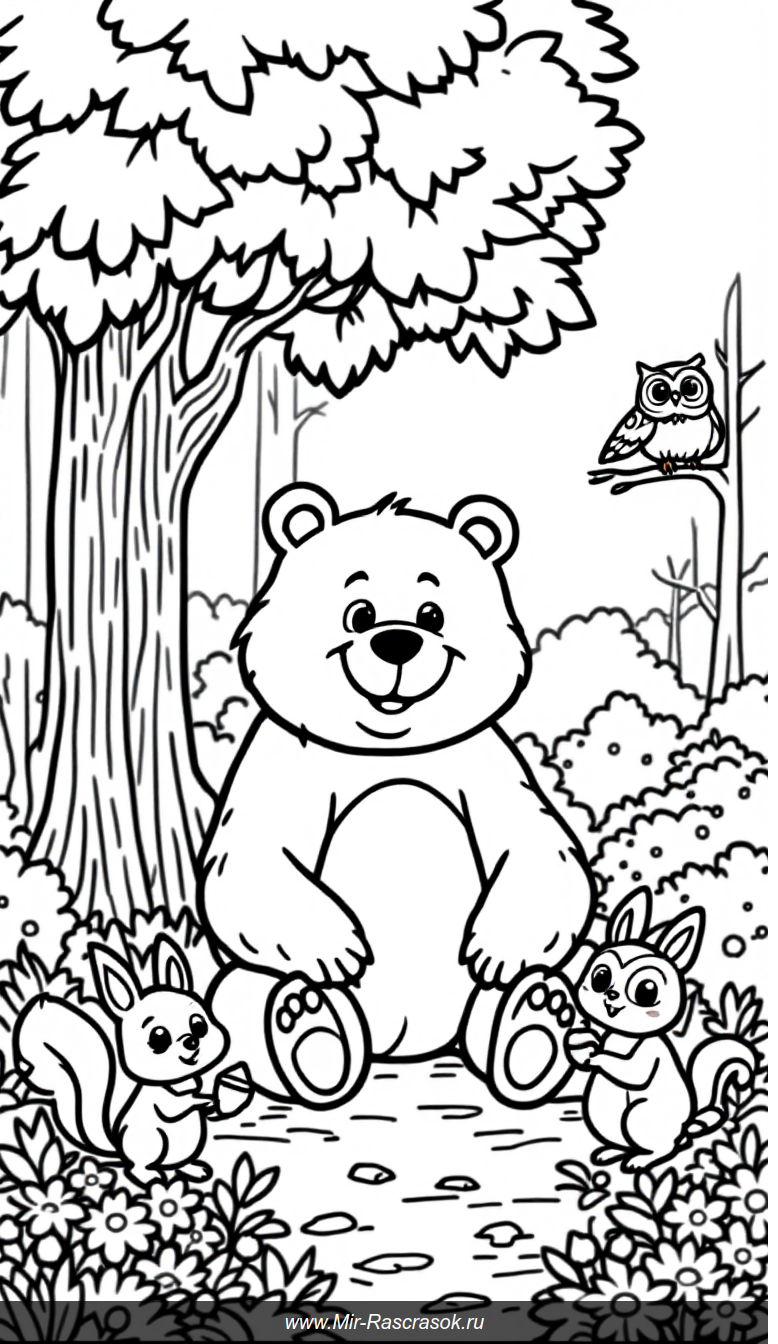 Детская раскраска с веселыми лесными животными и большими простыми контурами