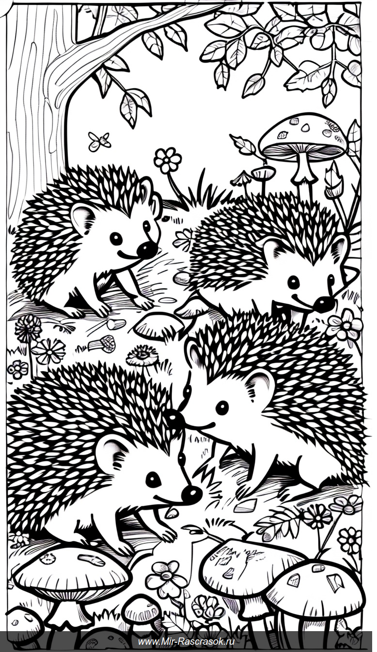 Раскраска с маленькими ёжиками в лесной поляне среди грибов и цветов