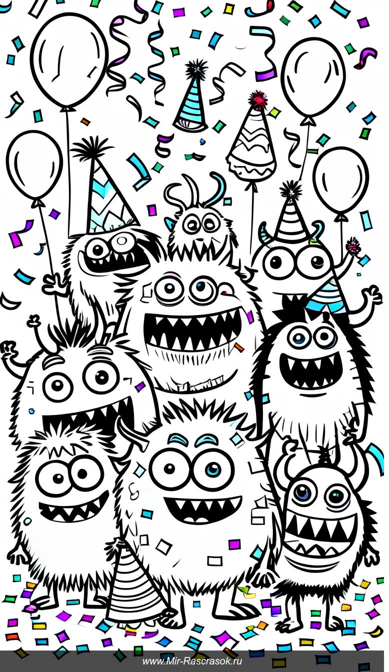 Раскраска с забавными монстрами на веселой и яркой вечеринке