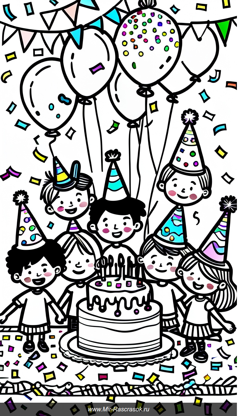 Весёлый день рождения в раскраске с детьми и праздничными шапками