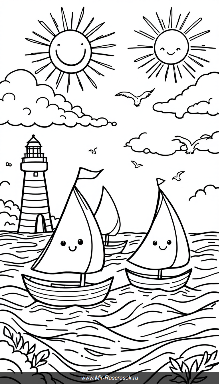 Веселое морское приключение для раскрашивания с парусниками и маяком