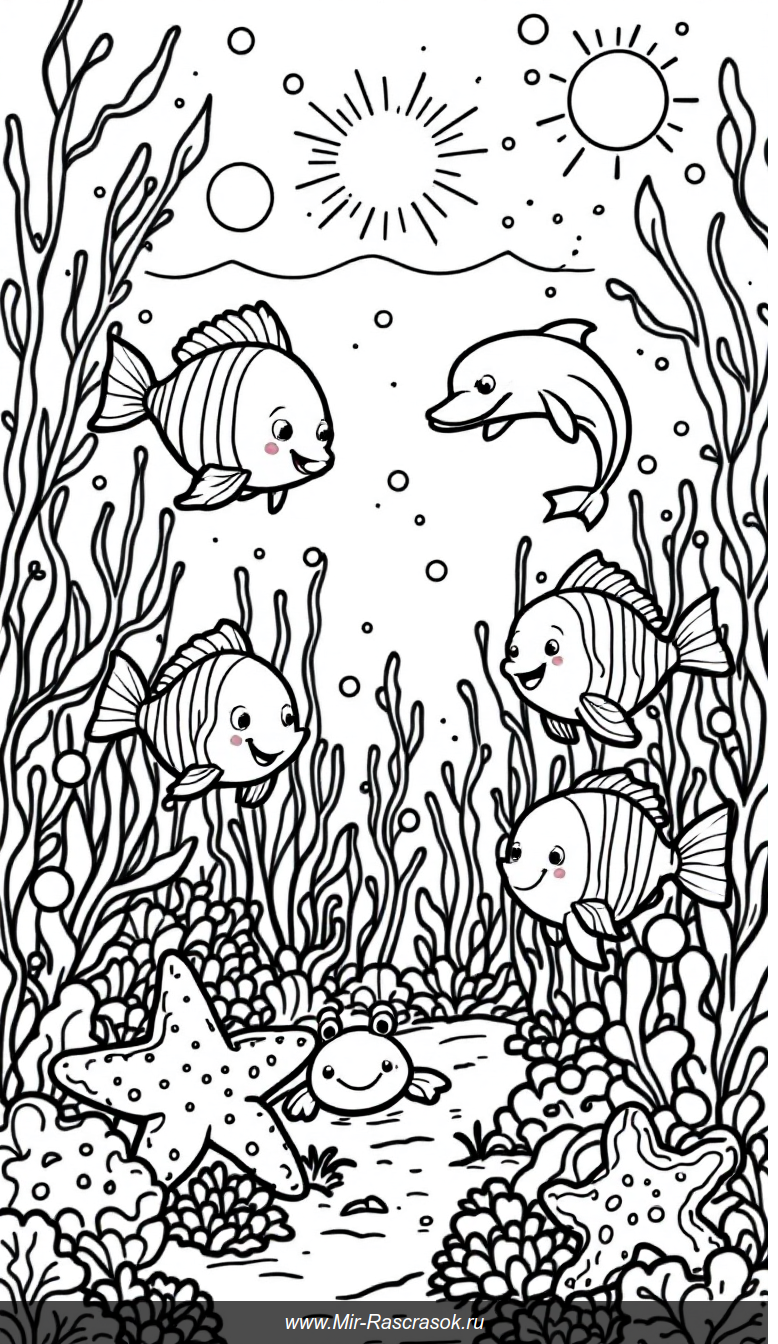 Веселый подводный мир раскраска для детей с рыбками и кораллами