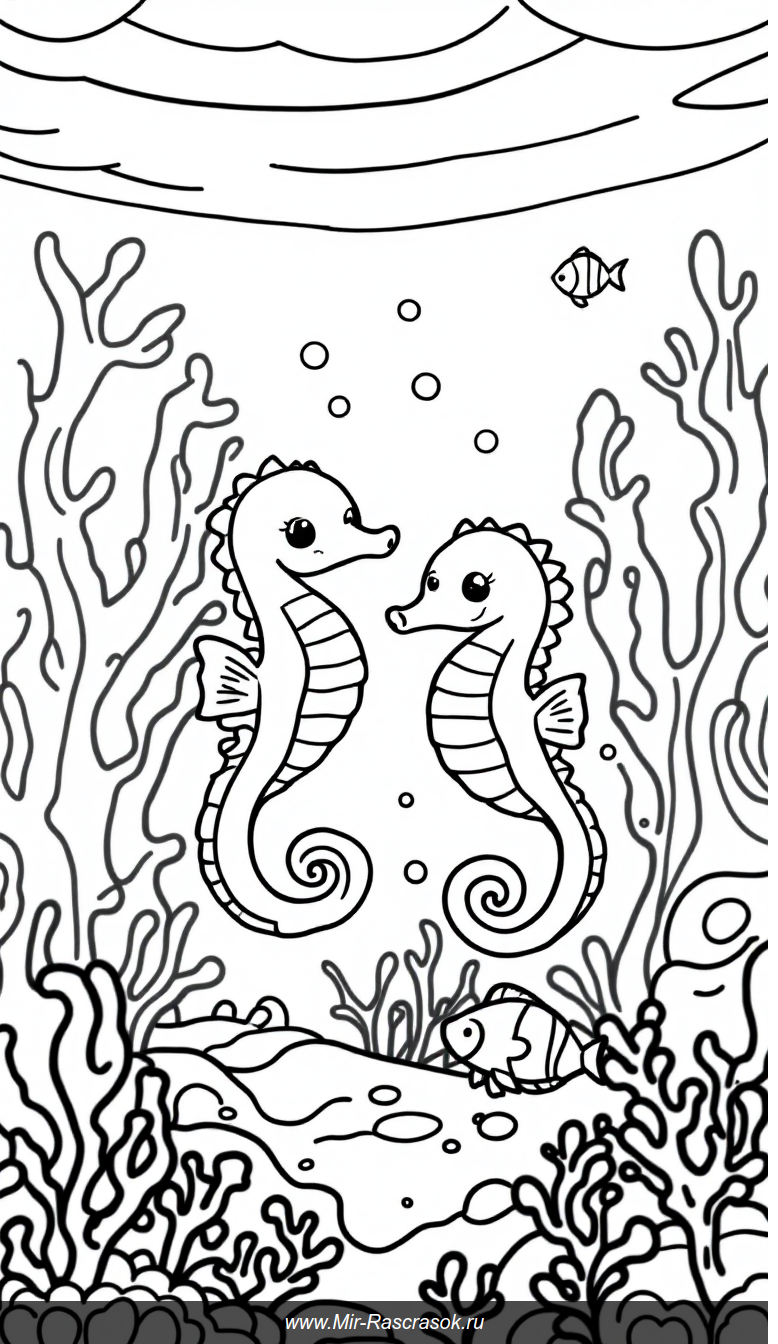Веселое подводное раскрашивание для детей с морскими коньками и кораллами