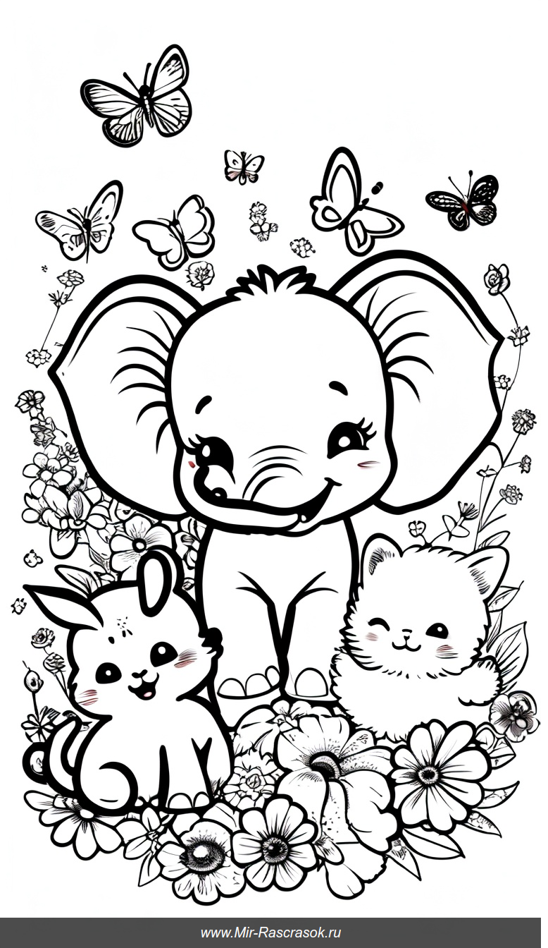 Раскраска с милыми малышами животных среди цветов и бабочек