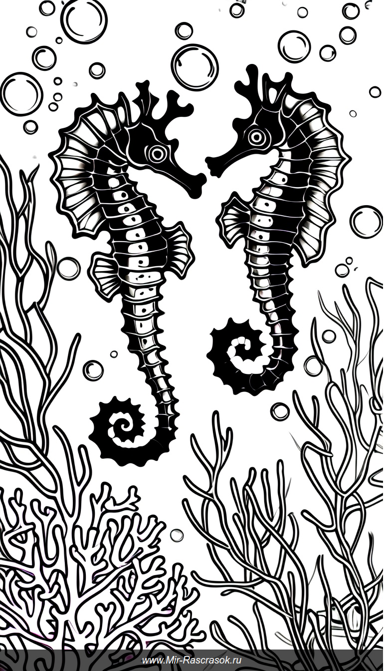 Раскраска с изящными морскими коньками в коралловом рифе