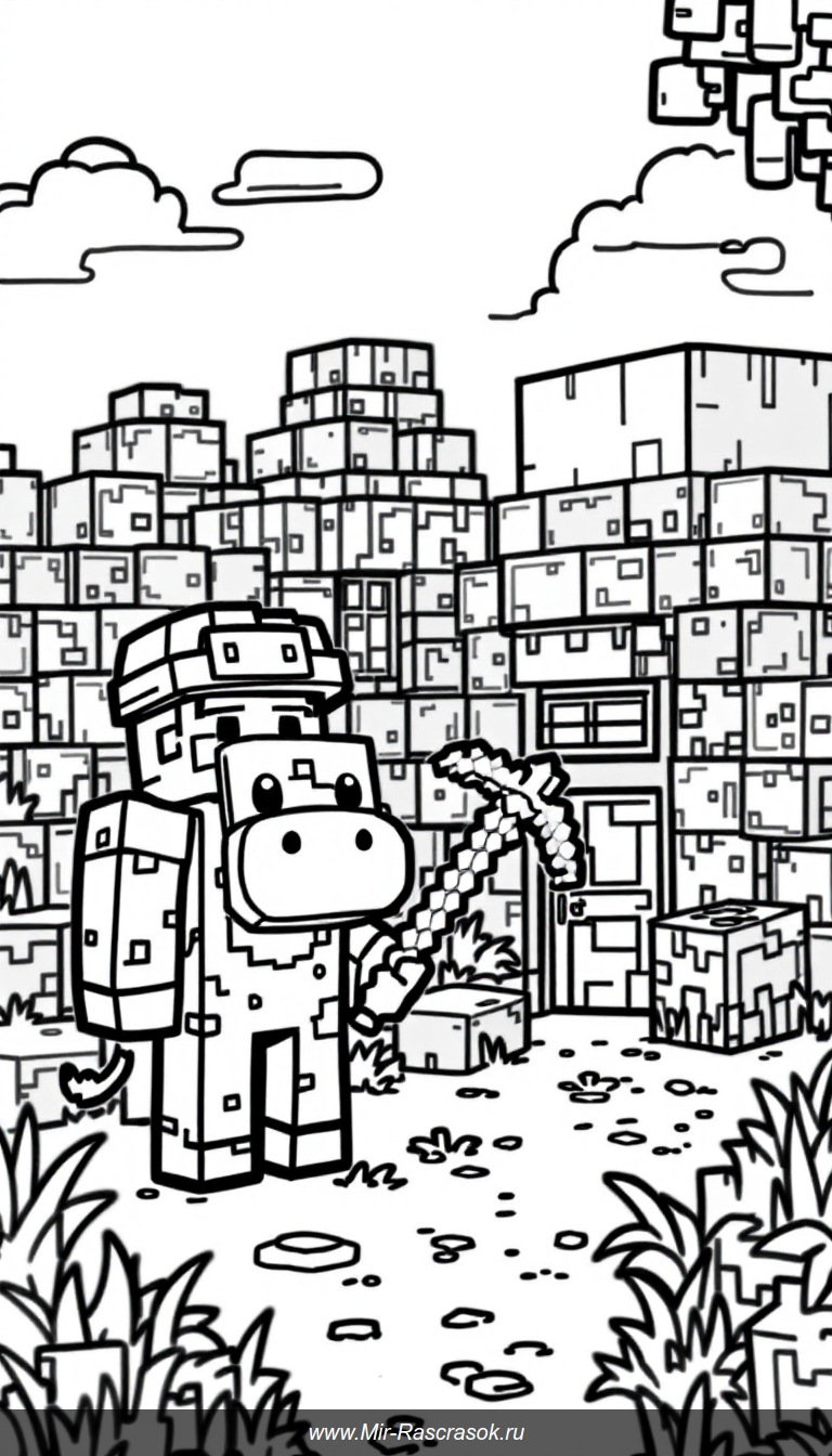 Откройте для ребёнка удивительный мир Minecraft с раскраской 🖍️👾 Здесь герои игры, милые животные и простые стройки в лёгком для раскрашивания стиле 🌳🏠 Идеально для развития творчества и воображения маленьких фанатов любимой игры 🎨🎮
