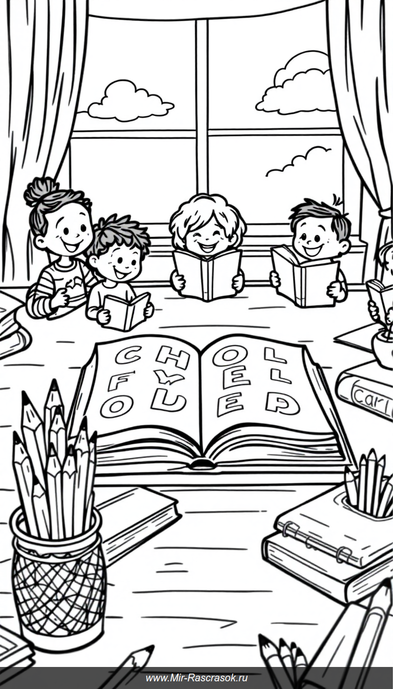Веселый класс с книгами и карандашами для раскрашивания детей