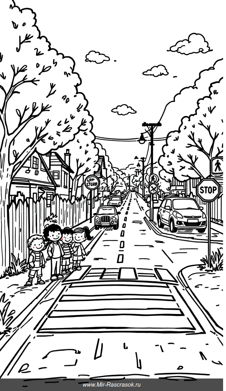 Безопасный переход: раскраска с дружелюбной улицей для детей