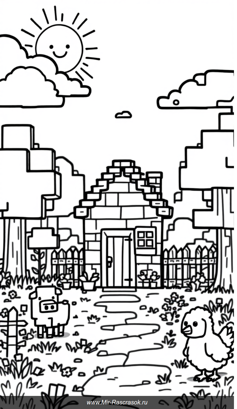Дружелюбная деревня Minecraft для раскраски детей