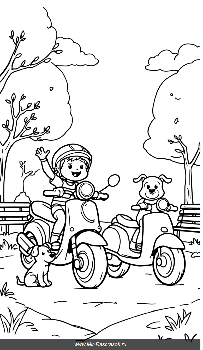 Дружелюбные мотоцикл и самокат в парке для раскрашивания детям