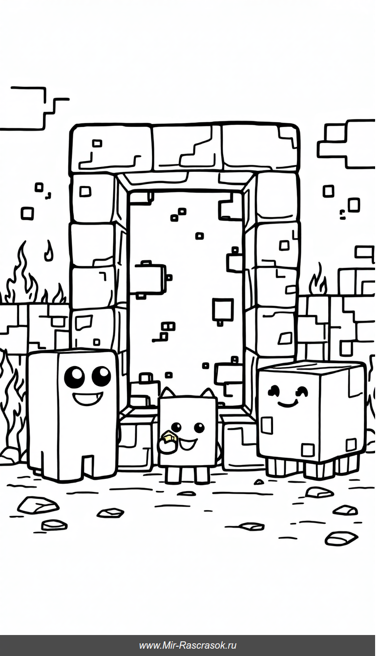 Дружелюбная сцена из Майнкрафт с порталом Незера для детской раскраски