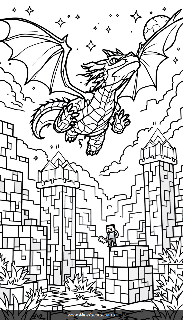 Раскраска битва с дружелюбным Край Драконом в мире Майнкрафт для детей
