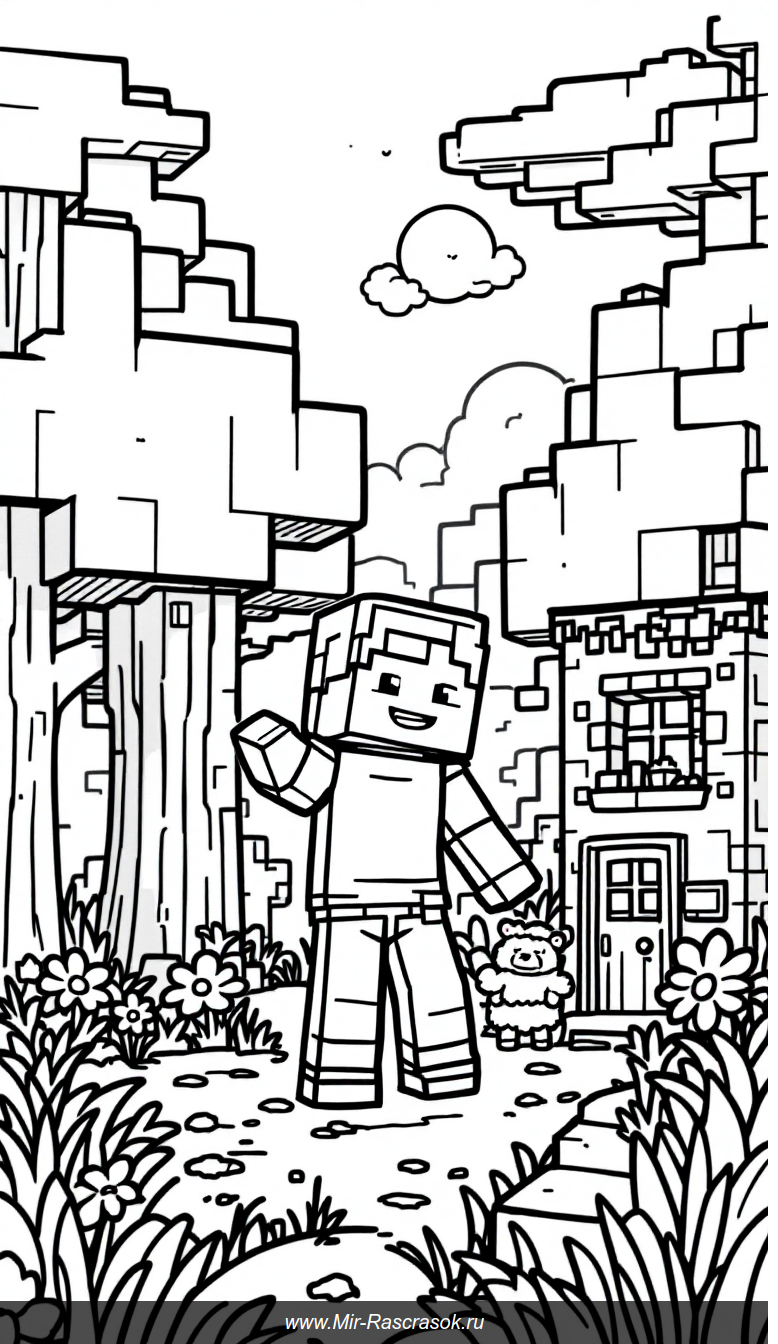 Дружелюбная сцена Майнкрафт для детской раскраски с большими простыми фигурами