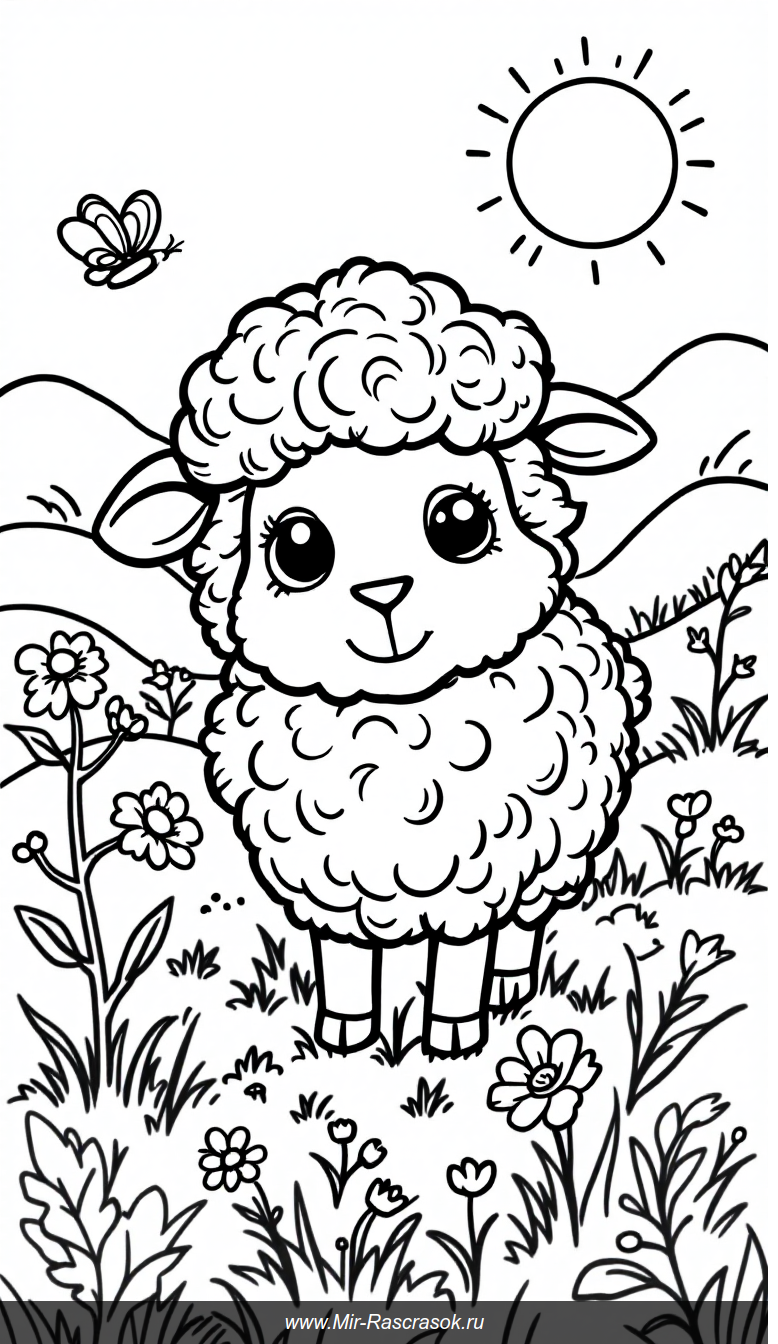 Веселая и мягкая овечка в солнечном поле для раскрашивания детьми