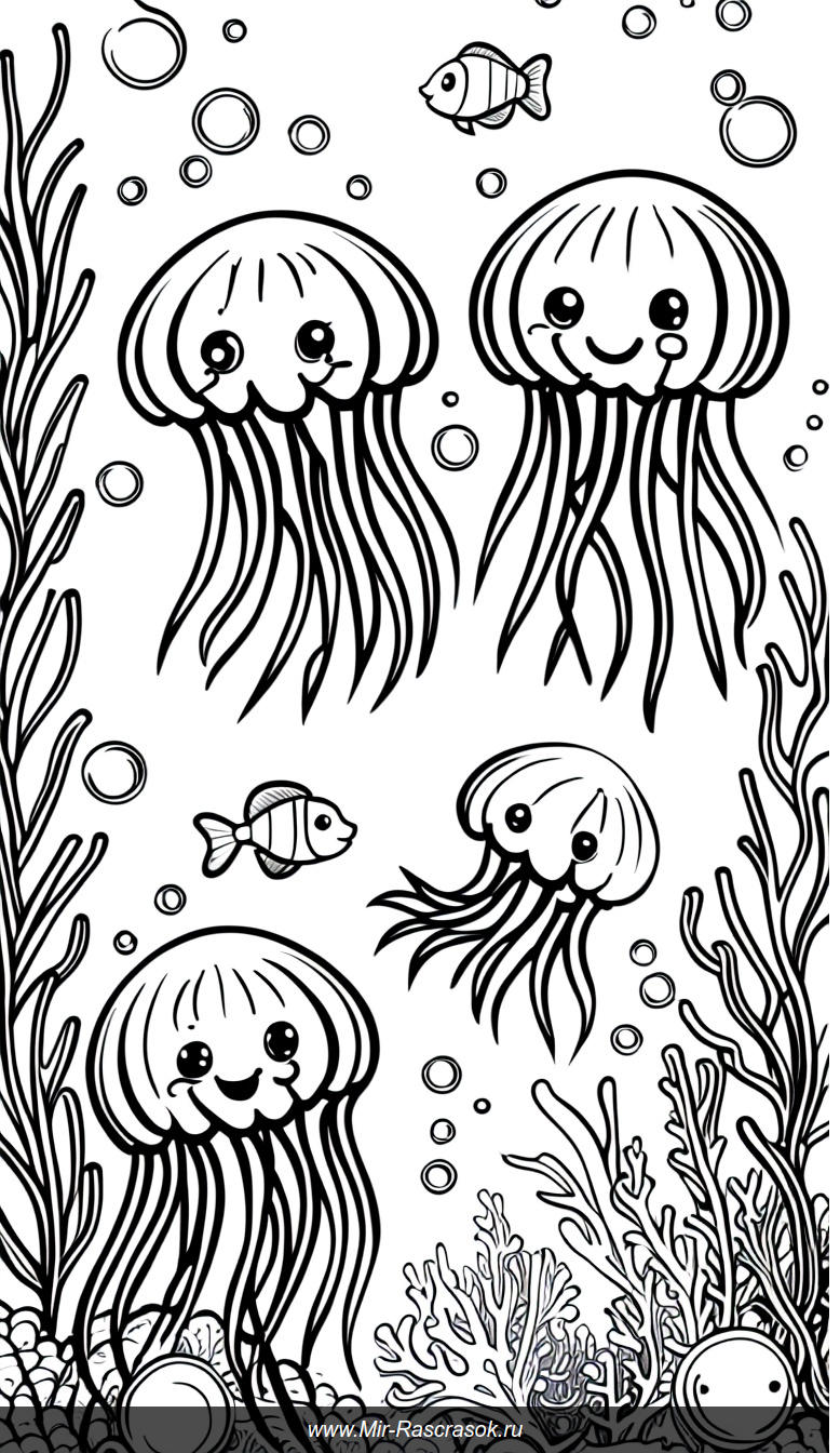 Раскраска с радостными медузами и морскими обитателями под водой