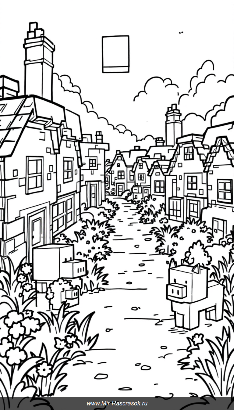 Раскраска с деревней Майнкрафт для веселого творчества детей