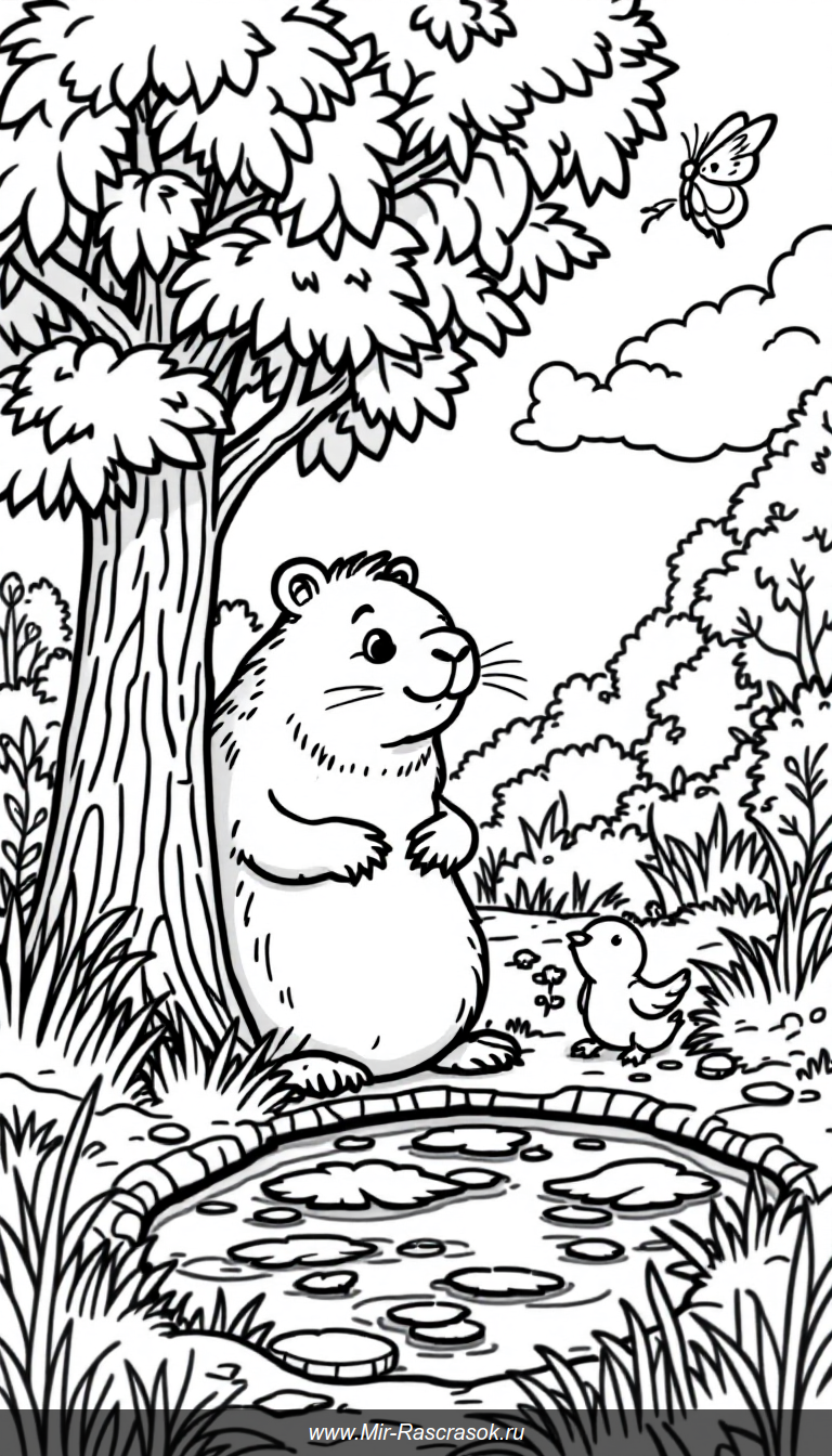 Веселая капибара играет в прятки в лесу среди деревьев и друзей животных 🐾🌳 Это простая и забавная сцена для детской раскраски которая помогает развивать внимание и любовь к природе 🌸🖍️ Идеально для маленьких художников любящих животных и игры на свежем воздухе 🎨🐦
