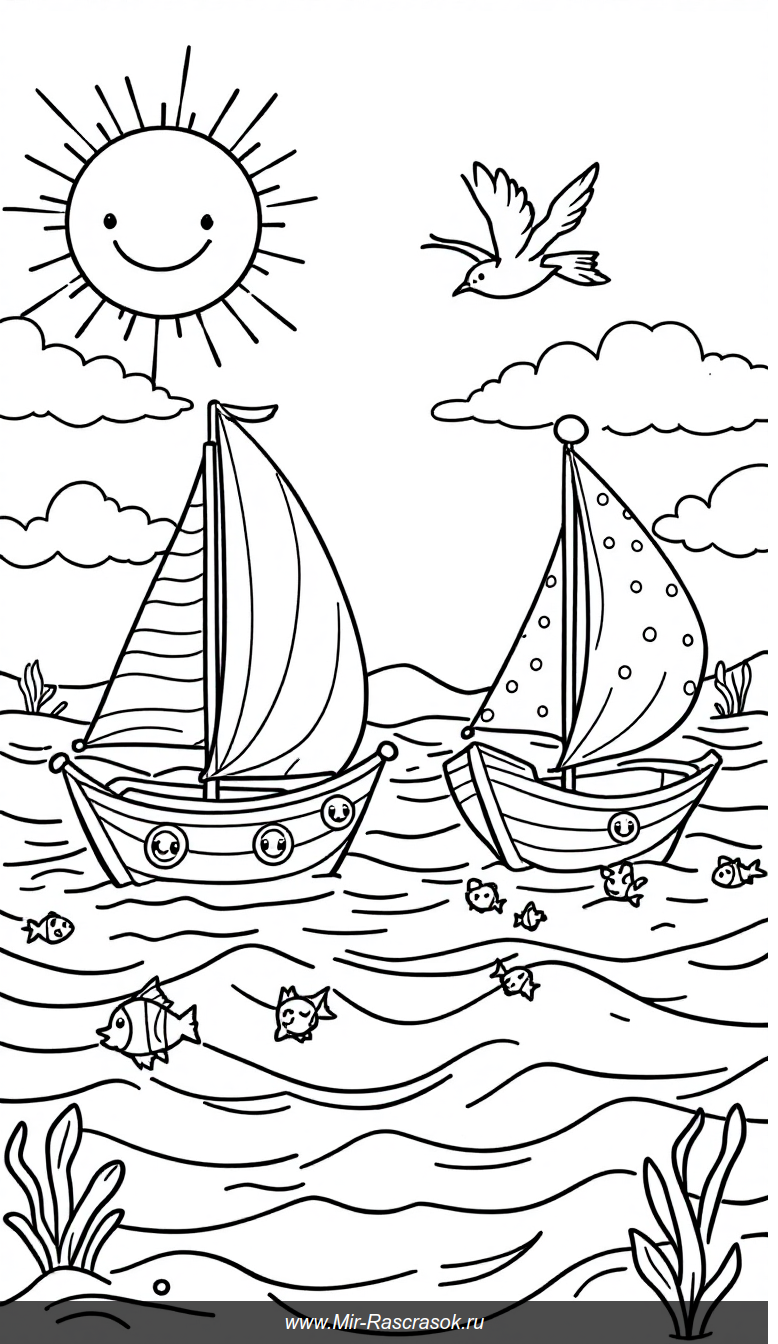 Тихое море и дружелюбные парусники раскраска для детей