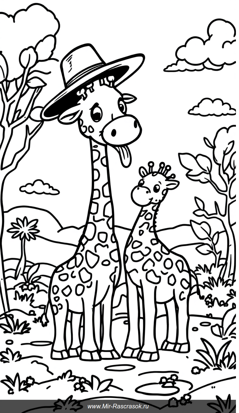 Веселые жирафы на солнечной саванне для раскраски детей