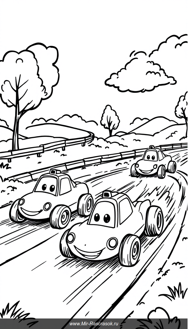 Весёлая гонка на трассе для малышей раскраска с дружелюбными машинками