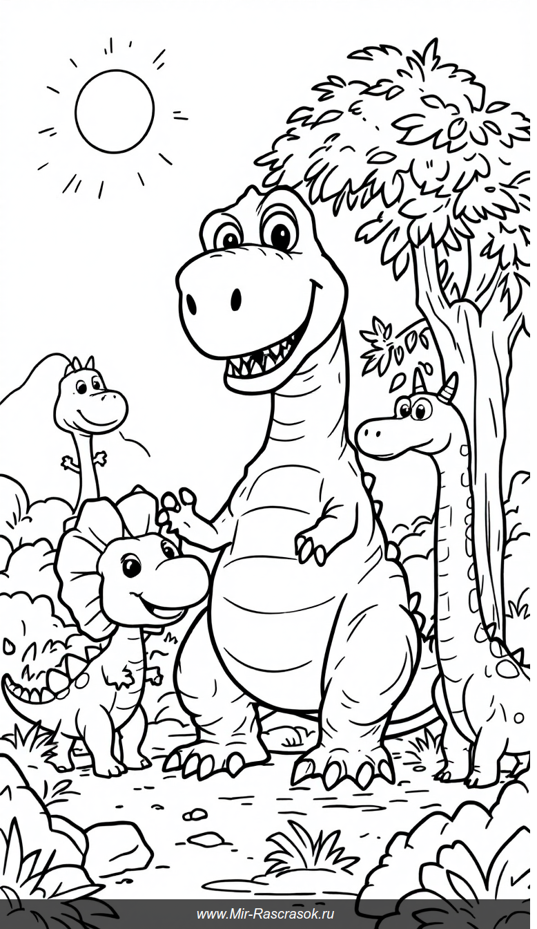 Дружелюбные динозавры в доисторическом парке для раскрашивания