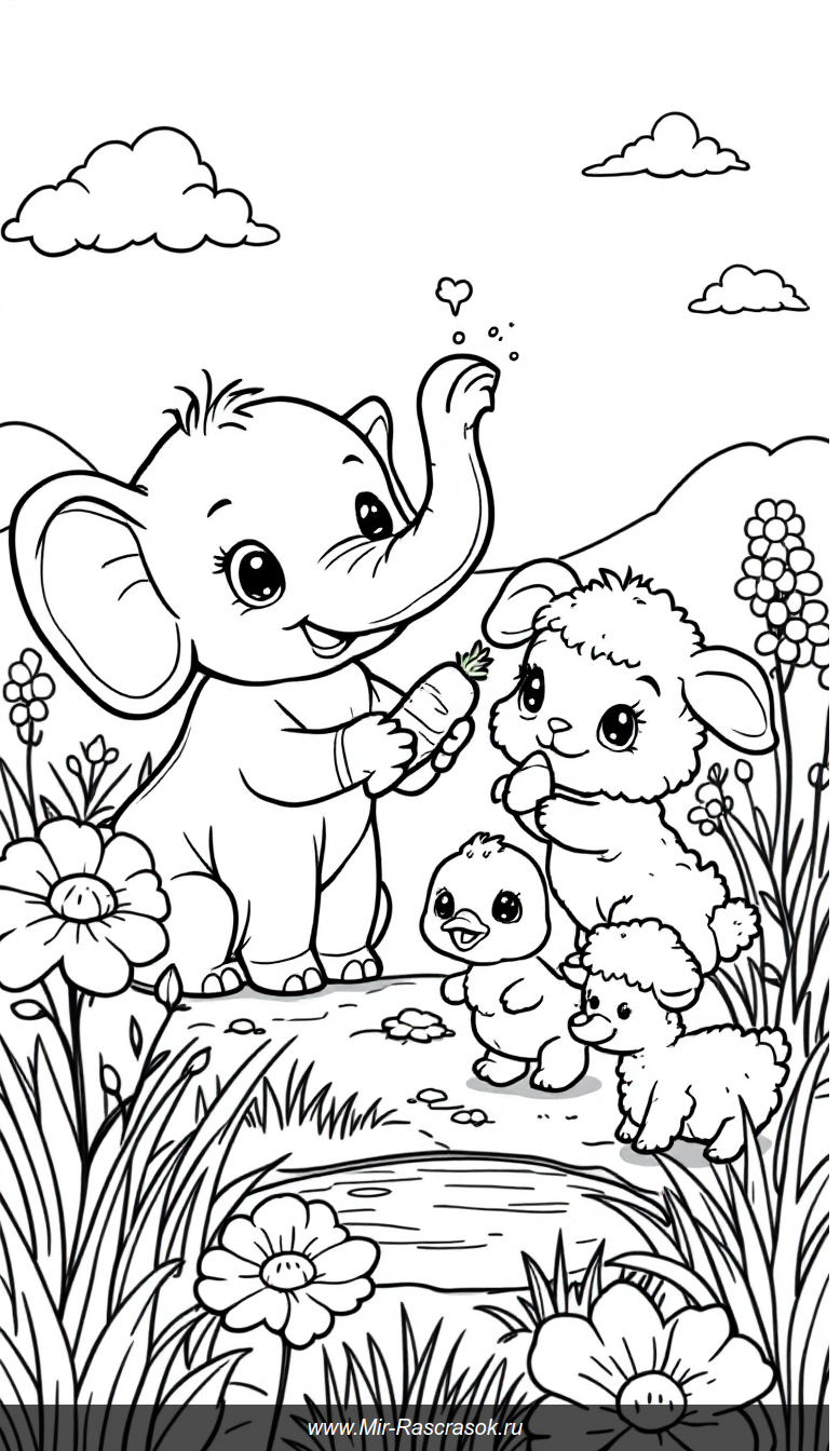 Малыши-животные играют на солнечной лужайке в раскраске